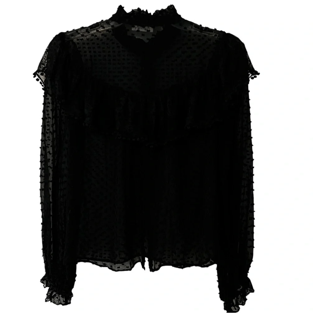 LoveShackFancy Erica SWISS DOT HIGH NECK LACE BLOUSE Ruffled Button Front Sheer - Picture 11 of 16